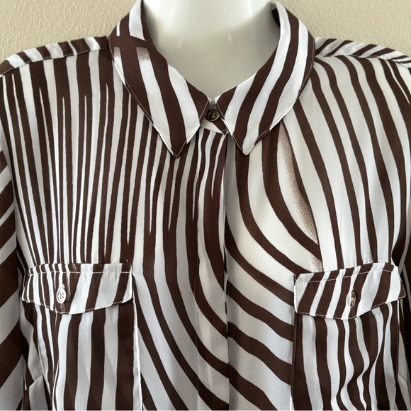Striped Brown and White Women's Button-Up Shirt - Picture 3 of 12